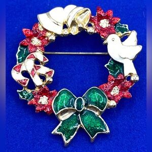 Vintage SFJ Enameled Christmas Wreath Brooch